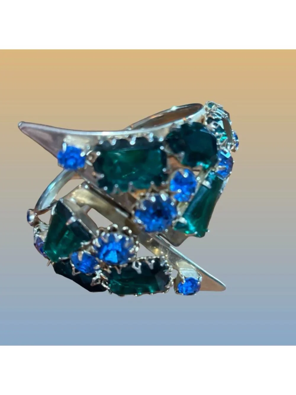 Gold Tone Hinged Bangle Green Blue Rhinestone Art Deco Statement Bracelet Vintag